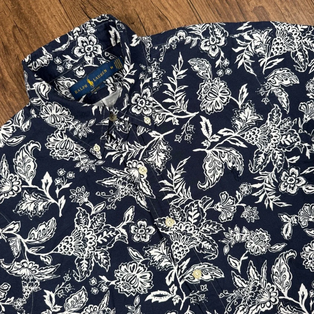 Ralph‎ Lauren Hawaiian Shirt Mens M Navy Blue White Slim Fit Floral Paisley